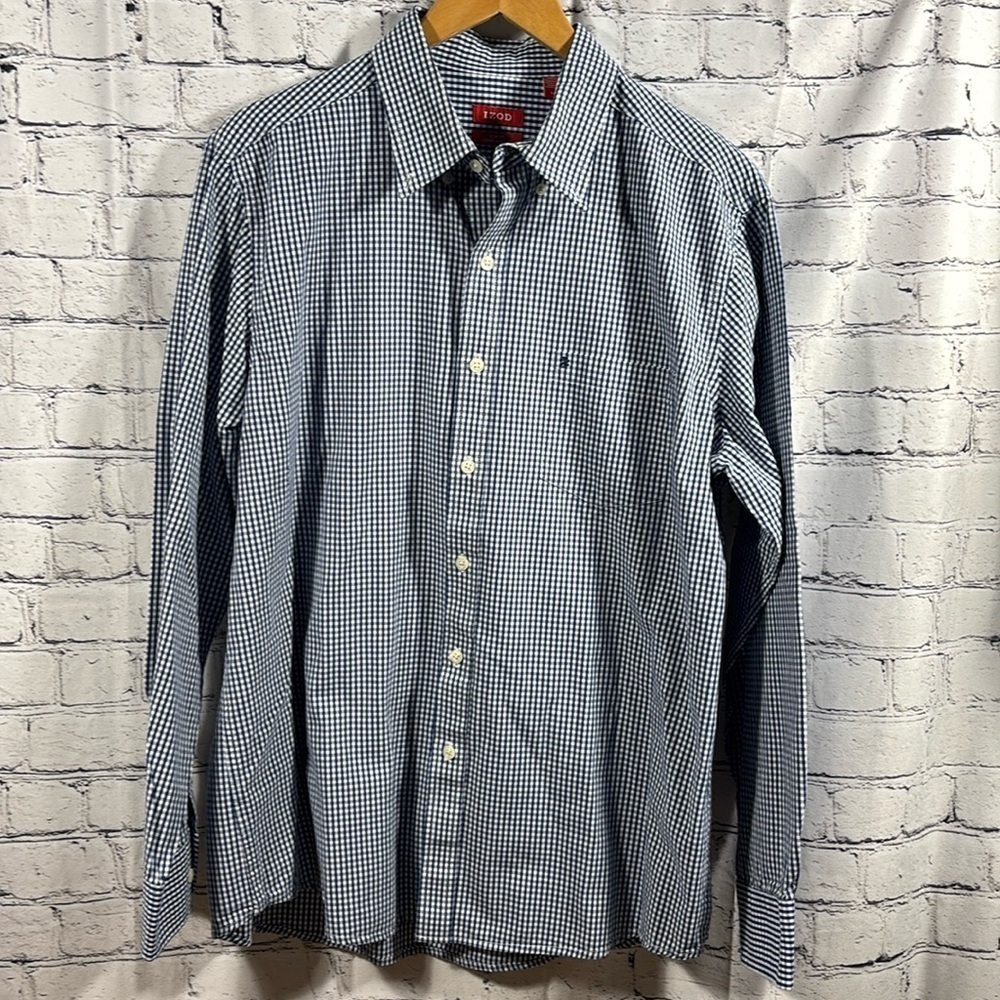 Men’s Izod Slim Fit Blue and White Check Button Down Shirt Size Large